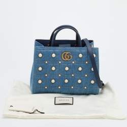 Pre Owned Gucci Blue Quilted Denim Small Pearl GG Marmont Tote