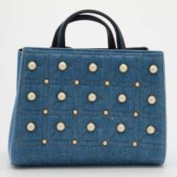 Pre Owned Gucci Blue Quilted Denim Small Pearl GG Marmont Tote