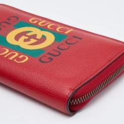 Gucci Red Leather Logo Print Zip Around Wallet
