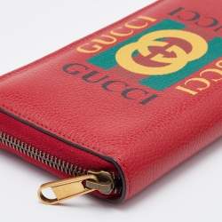 Gucci Red Leather Logo Print Zip Around Wallet