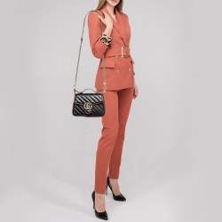Gucci Black/Red Diagonal Quilt Leather Mini GG Marmont Top Handle Bag