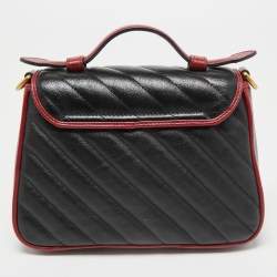 Gucci Black/Red Diagonal Quilt Leather Mini GG Marmont Top Handle Bag