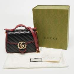 Gucci Black/Red Diagonal Quilt Leather Mini GG Marmont Top Handle Bag