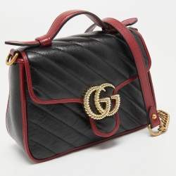 Gucci Black/Red Diagonal Quilt Leather Mini GG Marmont Top Handle Bag