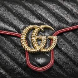 Gucci Black/Red Diagonal Quilt Leather Mini GG Marmont Top Handle Bag