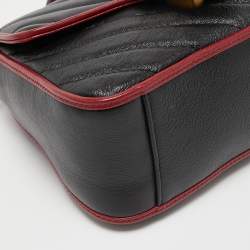 Gucci Black/Red Diagonal Quilt Leather Mini GG Marmont Top Handle Bag