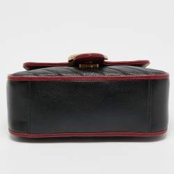 Gucci Black/Red Diagonal Quilt Leather Mini GG Marmont Top Handle Bag