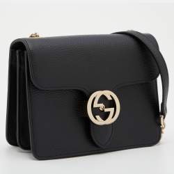 Pre Owned Gucci Black Leather Dollar Interlocking G Crossbody Bag