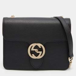Pre Owned Gucci Black Leather Dollar Interlocking G Crossbody Bag
