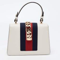 Pre Owned Gucci Off White Leather Mini Web Sylvie Top Handle Bag