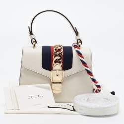 Pre Owned Gucci Off White Leather Mini Web Sylvie Top Handle Bag