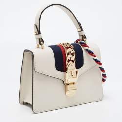 Pre Owned Gucci Off White Leather Mini Web Sylvie Top Handle Bag
