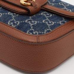 Pre Owned Gucci Blue/Brown GG Canvas and Leather Mini Horsebit 1955 Crossbody Bag