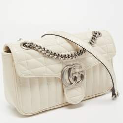 Pre Owned Gucci Off White Mix Quilted Leather Small GG Marmont Shoulder Bag