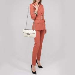 Pre Owned Gucci Off White Mix Quilted Leather Small GG Marmont Shoulder Bag