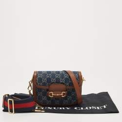 Pre Owned Gucci Blue/Brown GG Denim and Leather Mini Horsebit 1955 Crossbody Bag