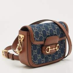 Pre Owned Gucci Blue/Brown GG Denim and Leather Mini Horsebit 1955 Crossbody Bag
