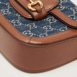 Pre Owned Gucci Blue/Brown GG Denim and Leather Mini Horsebit 1955 Crossbody Bag