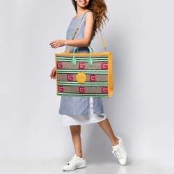 Pre Owned Gucci Multicolor Woven Fabric and Leather Square G Capri Stripe Tote