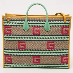 Pre Owned Gucci Multicolor Woven Fabric and Leather Square G Capri Stripe Tote