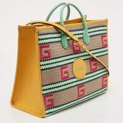 Pre Owned Gucci Multicolor Woven Fabric and Leather Square G Capri Stripe Tote