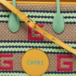 Pre Owned Gucci Multicolor Woven Fabric and Leather Square G Capri Stripe Tote