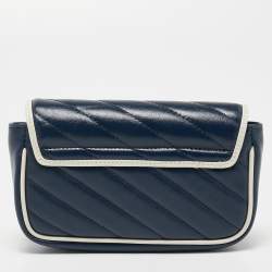Gucci Dark Blue/White Diagonal Matelassé Leather Super Mini Torchon GG Marmont Bag
