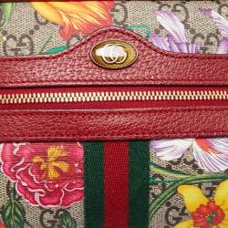 Pre Owned Gucci Red/Beige GG Supreme Canvas Mini Floral Ophidia Crossbody Bag