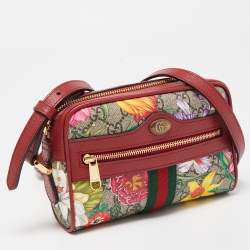 Pre Owned Gucci Red/Beige GG Supreme Canvas Mini Floral Ophidia Crossbody Bag