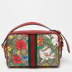Pre Owned Gucci Red/Beige GG Supreme Canvas Mini Floral Ophidia Crossbody Bag