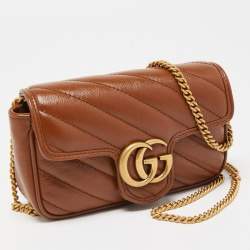 Gucci Brown Diagonal Matelassé Leather Super Mini GG Marmont Shoulder Bag