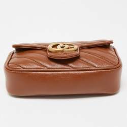 Gucci Brown Diagonal Matelassé Leather Super Mini GG Marmont Shoulder Bag