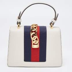 Pre Owned Gucci Off White Leather Mini Web Sylvie Top Handle Bag