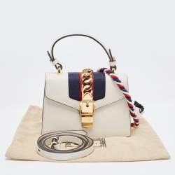 Pre Owned Gucci Off White Leather Mini Web Sylvie Top Handle Bag
