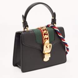 Pre Owned Gucci Black Leather Mini Web Sylvie Top Handle Bag