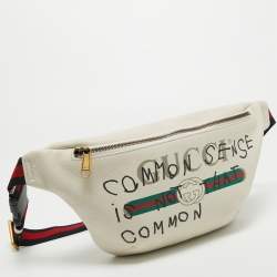 Gucci Cream Pebbled Leather Logo Web Belt Bag