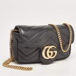 Pre Owned Gucci Black Matelassé Leather Super Mini GG Marmont Shoulder Bag