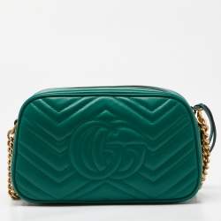 Pre Owned Gucci Green Matelassé Leather Small GG Marmont Camera Crossbody Bag