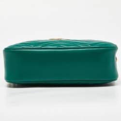 Pre Owned Gucci Green Matelassé Leather Small GG Marmont Camera Crossbody Bag