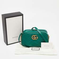 Pre Owned Gucci Green Matelassé Leather Small GG Marmont Camera Crossbody Bag