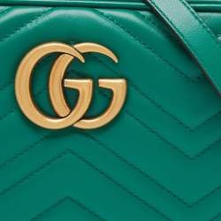 Pre Owned Gucci Green Matelassé Leather Small GG Marmont Camera Crossbody Bag
