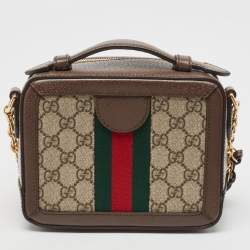 Pre Owned Gucci Beige/Ebony GG Supreme Canvas and Leather Mini Ophidia Top Handle Bag