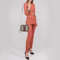 Pre Owned Gucci Beige/Ebony GG Supreme Canvas and Leather Mini Ophidia Top Handle Bag
