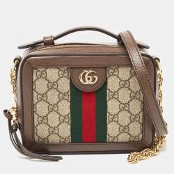 Pre Owned Gucci Beige/Ebony GG Supreme Canvas and Leather Mini Ophidia Top Handle Bag