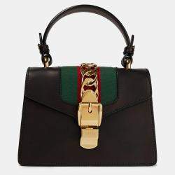 Pre Owned Gucci Black Leather Mini Web Chain Sylvie Top Handle Bag