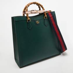 Pre Owned Gucci Green Leather Large Bamboo Diana Tote