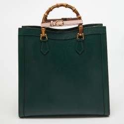 Pre Owned Gucci Green Leather Large Bamboo Diana Tote