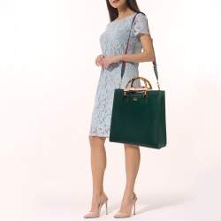 Pre Owned Gucci Green Leather Large Bamboo Diana Tote