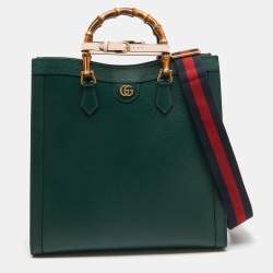 Pre Owned Gucci Green Leather Large Bamboo Diana Tote