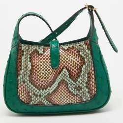 Pre Owned Gucci Green/Multicolor Ostrich and Python Mini Jackie 1961 Hobo